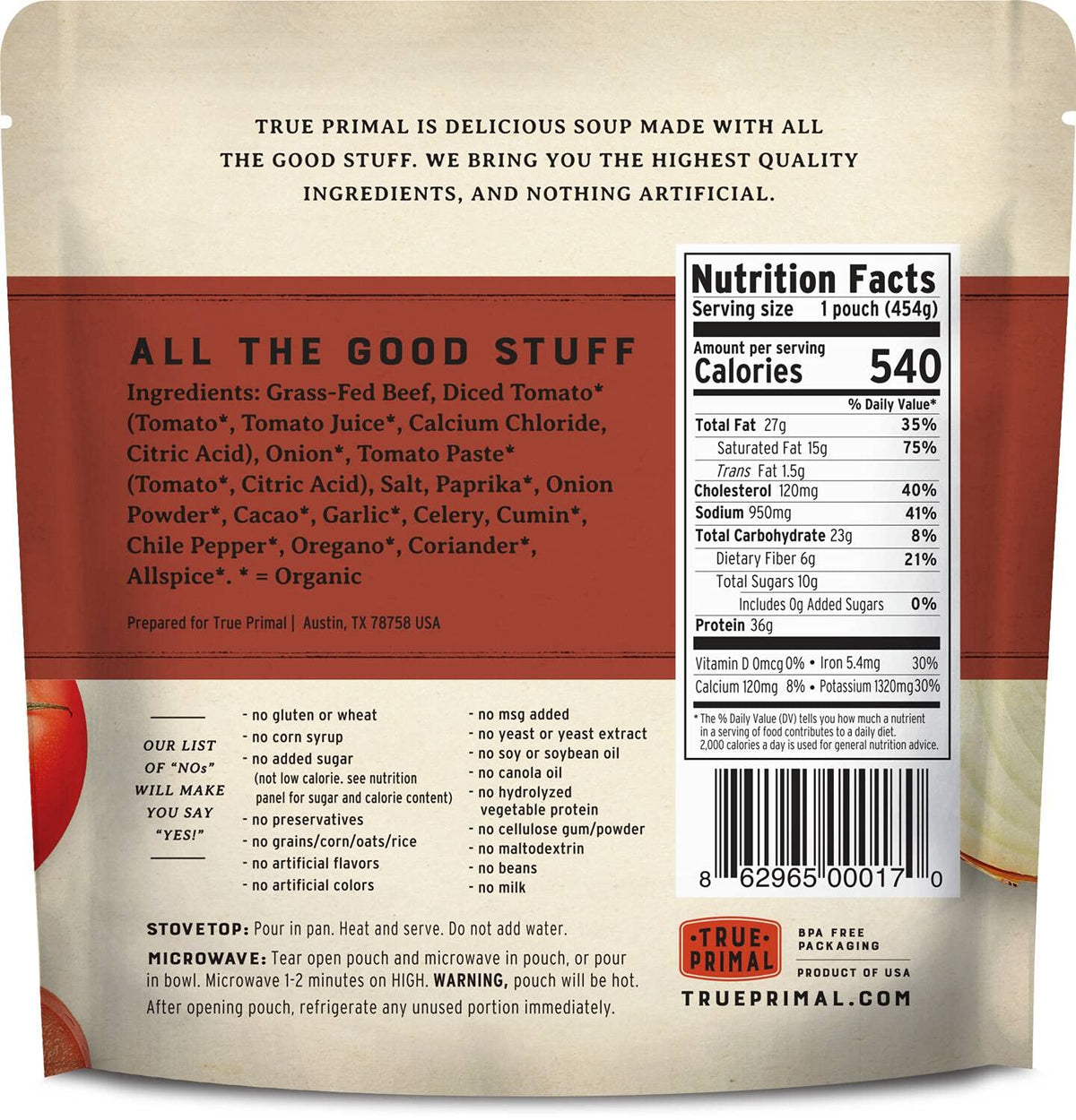 True Primal Beef Chili with organic tomato and onion for rich, natural flavor.
