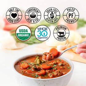 True Primal Beef and Vegetable Soup gluten-free label signals grain-free nourishment.