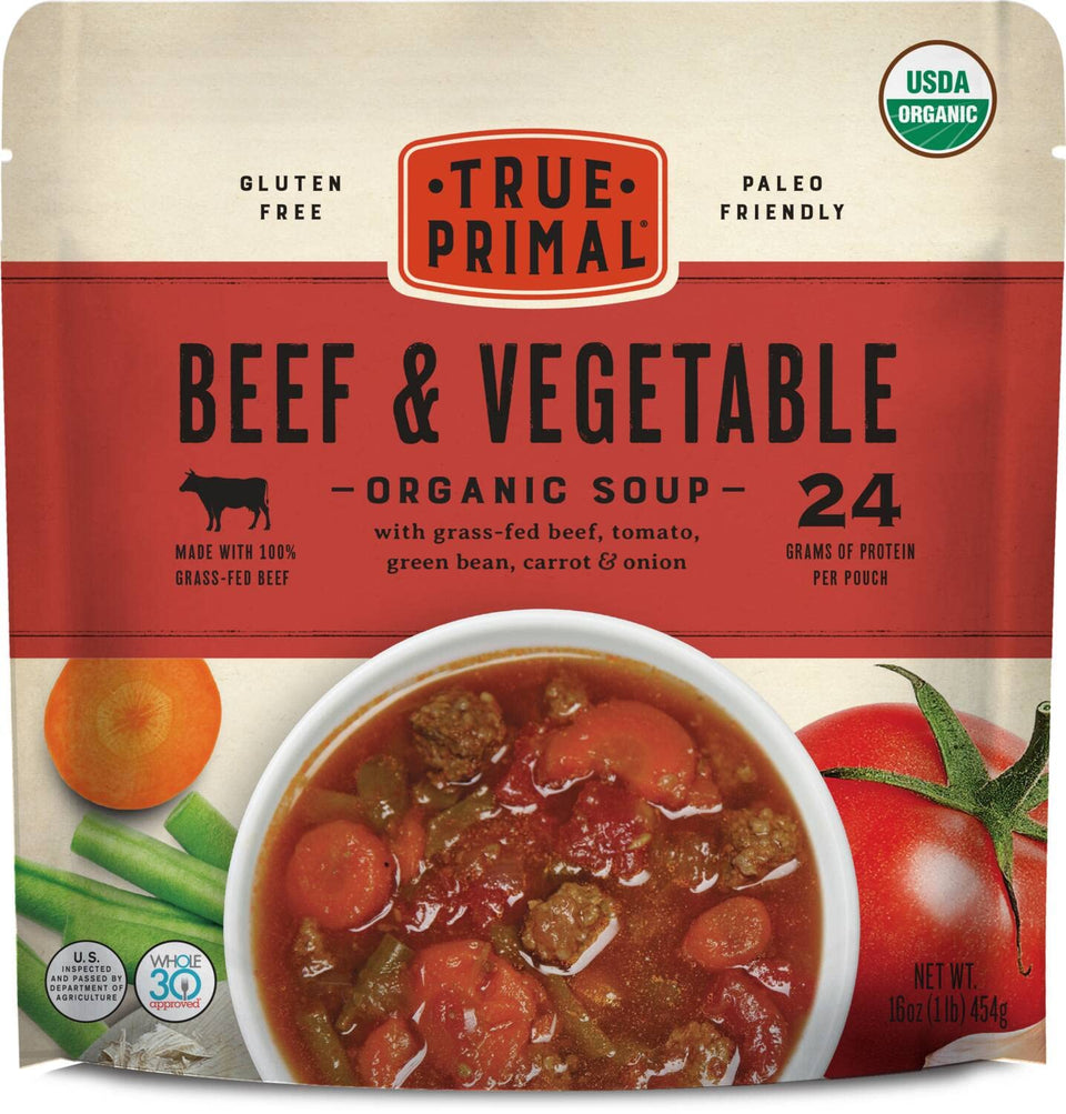 True Primal Beef and Vegetable Soup packaging highlights shelf-stable convenience.