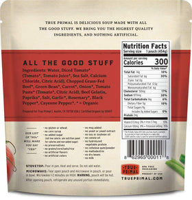 True Primal Beef and Vegetable Soup ready-to-heat serving for a quick meal.