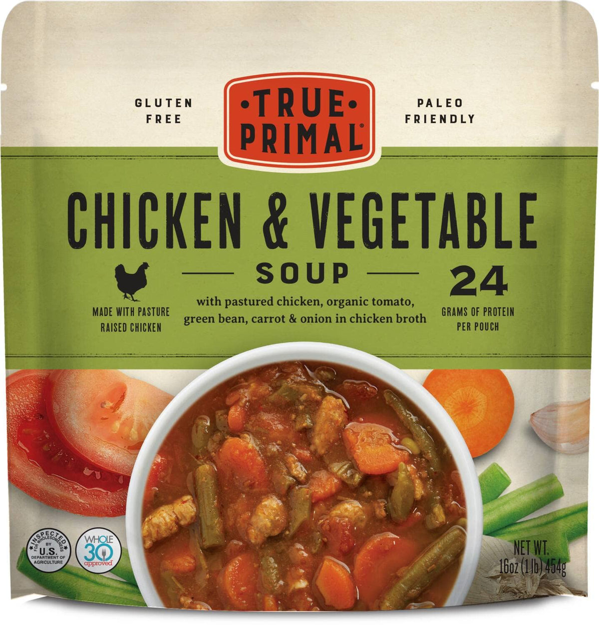 True Primal chicken and vegetable soup 8-pack, ready to heat for quick meals.