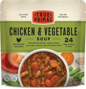 True Primal chicken and vegetable soup 8-pack, ready to heat for quick meals.