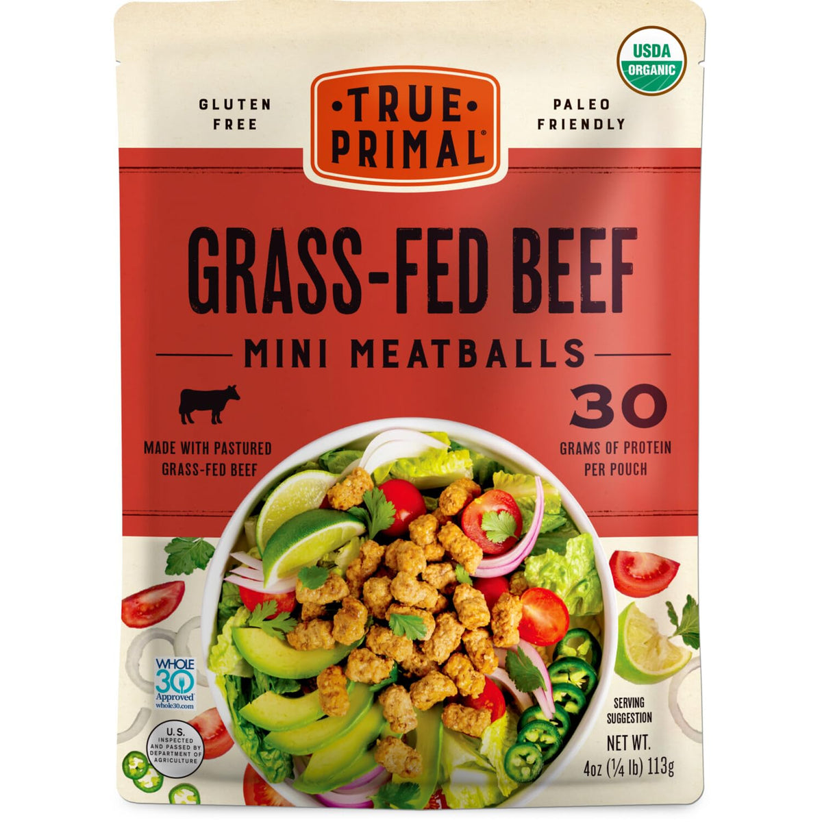 True Primal grass-fed beef mini meatballs in a pouch for quick meals
