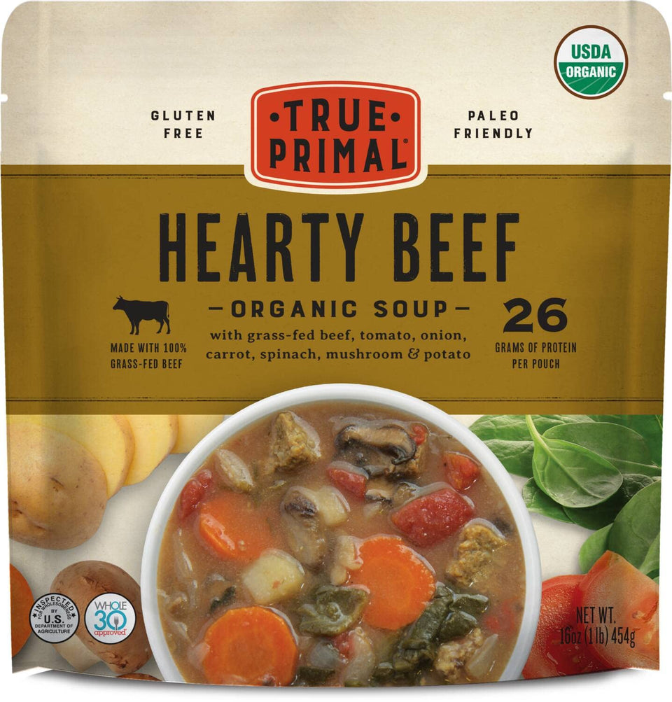 True Primal Hearty Beef Organic Soup eight-pack pack shot emphasizing pantry convenience