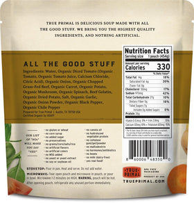 True Primal Hearty Beef Organic Soup steaming bowl ready to eat