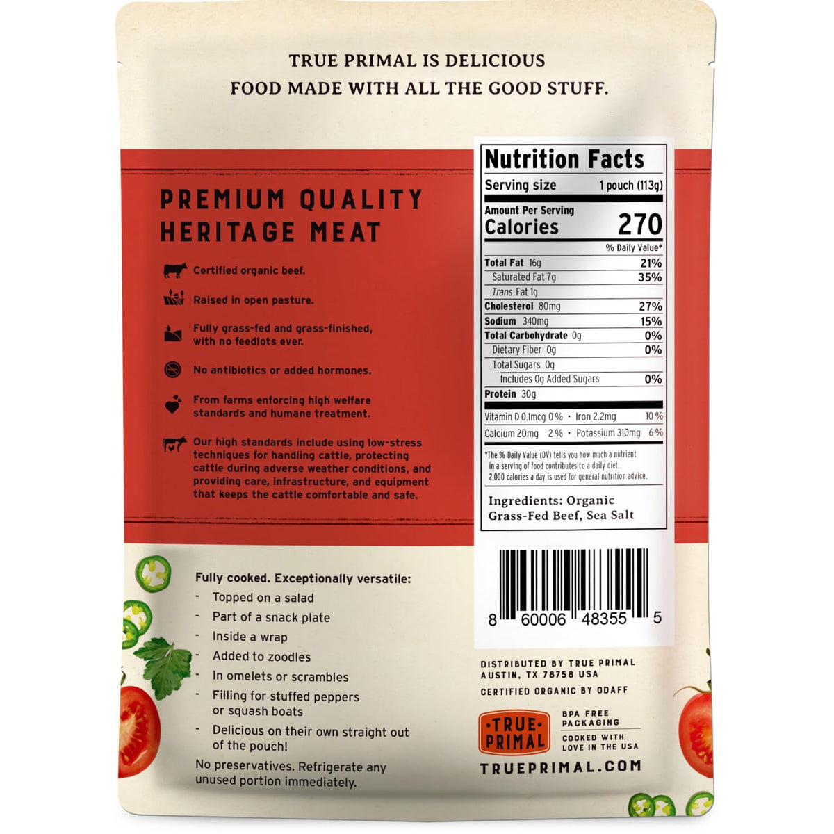 Open pouch of True Primal meatballs shows ready-to-eat convenience
