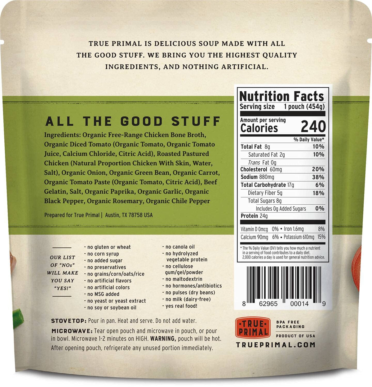 True Primal ready-to-heat chicken soup in a convenient bowl.