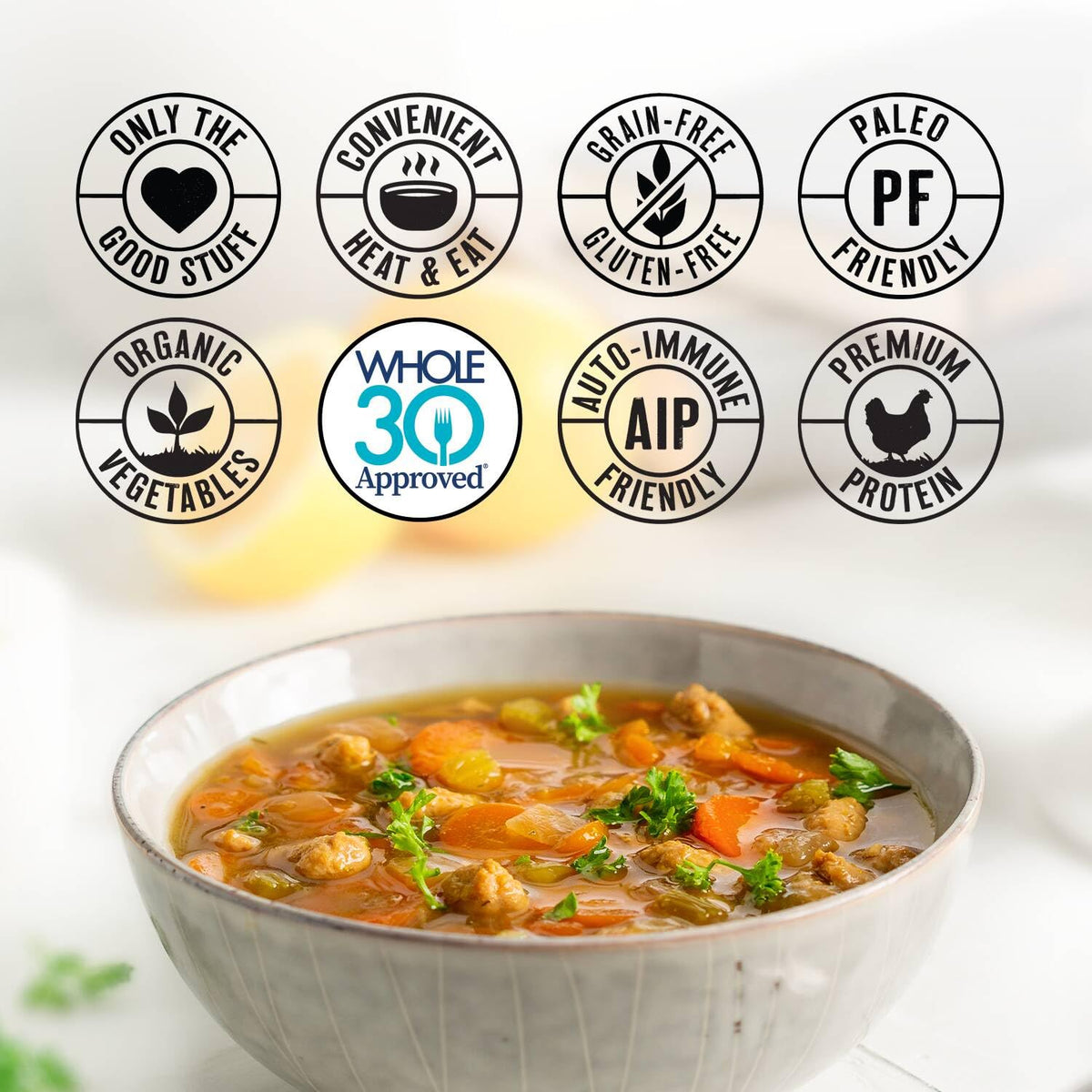 True Primal Roasted Chicken Soup 8-pack shelf-stable packaging for pantry convenience.