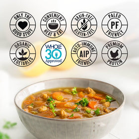 True Primal Roasted Chicken Soup 8-pack shelf-stable packaging for pantry convenience.