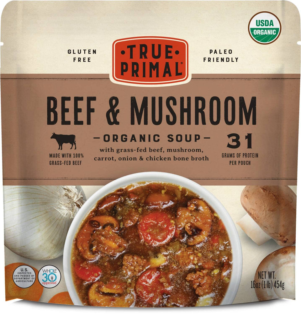 True Primal Beef & Mushroom Soup 8-Pack packshot, a convenient ready-to-eat meal option.