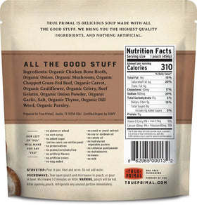 True Primal Beef & Mushroom Soup nutrition panel, highlighting gluten-free and paleo-friendly ingredients.