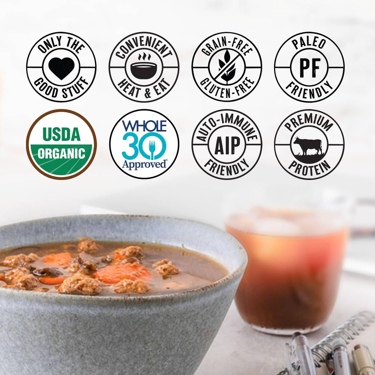 True Primal Beef & Mushroom Soup organic vegetables and mushrooms featured in a wholesome broth.
