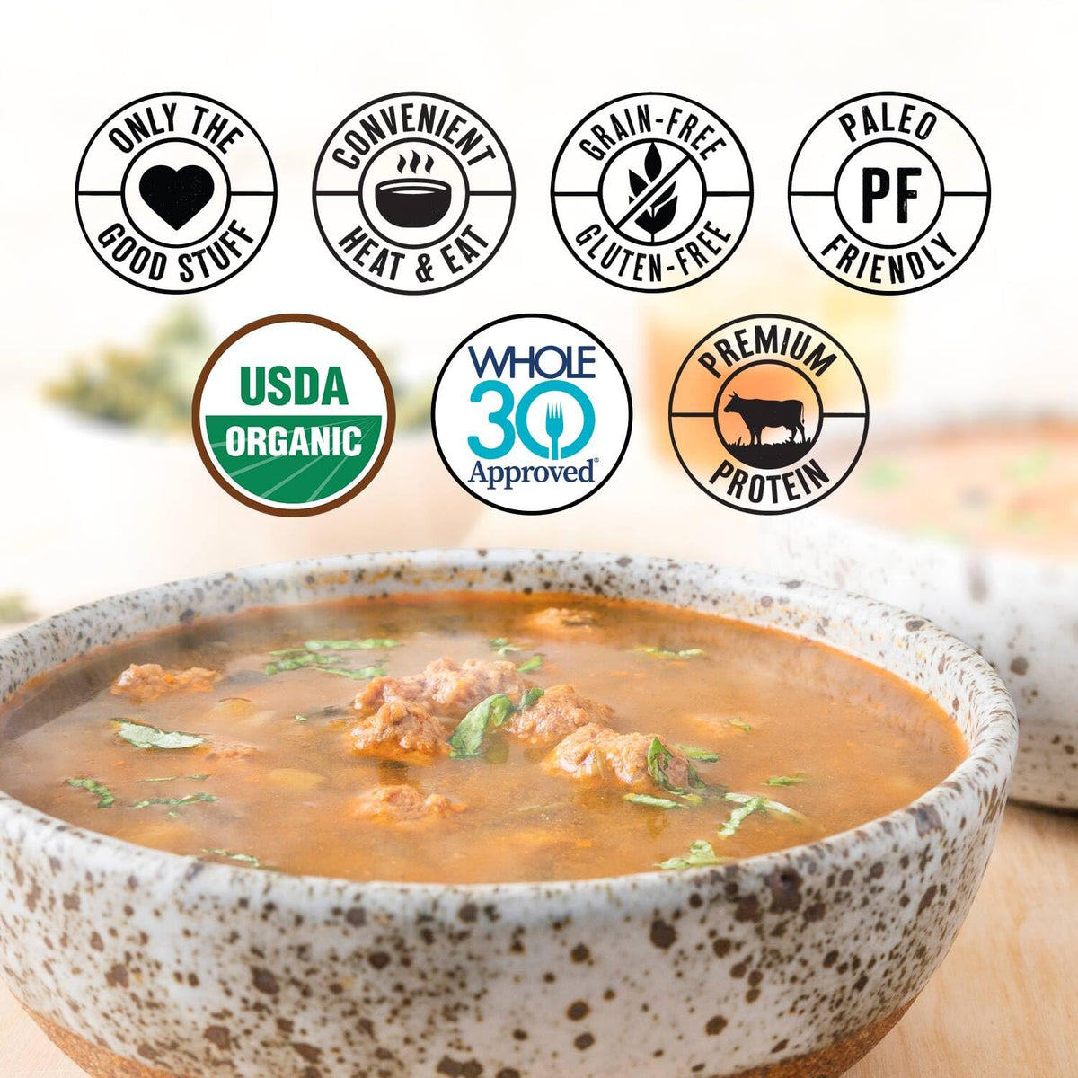True Primal Souper Beef Vegetable bowl hot from the pouch; protein-rich base.
