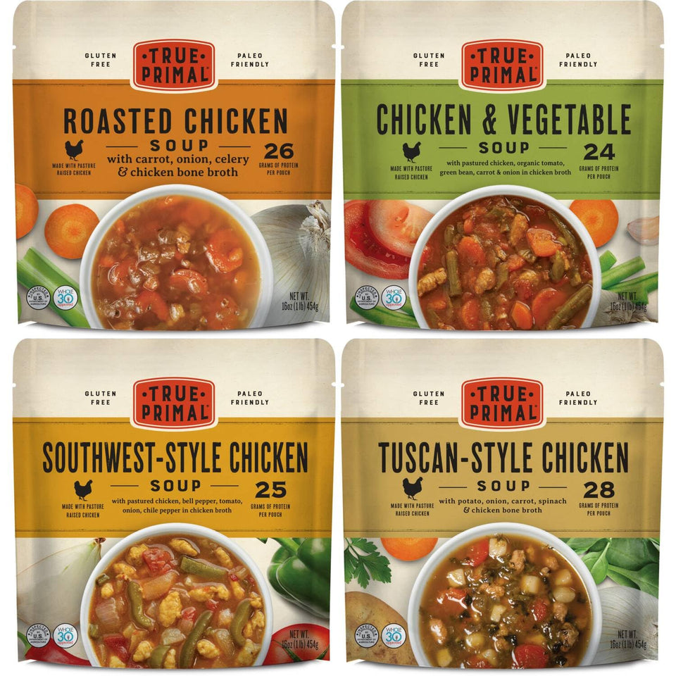 True Primal Souper Chicken Variety 8-pack pouches for quick, ready-to-heat meals.