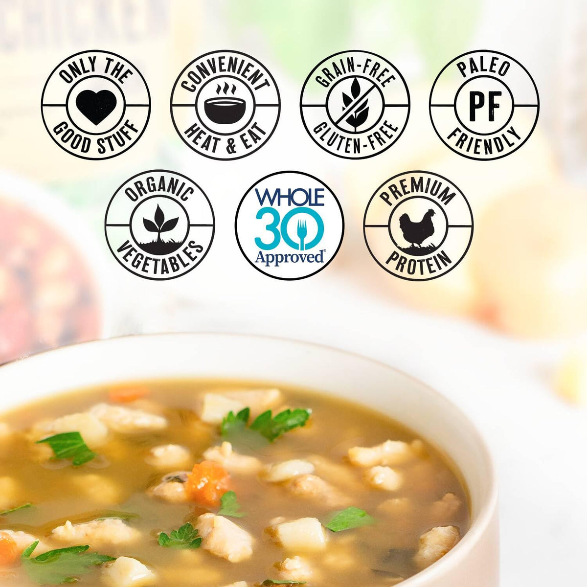 True Primal Souper Tuscan-style Chicken Soup pouch showcasing savory herbs.