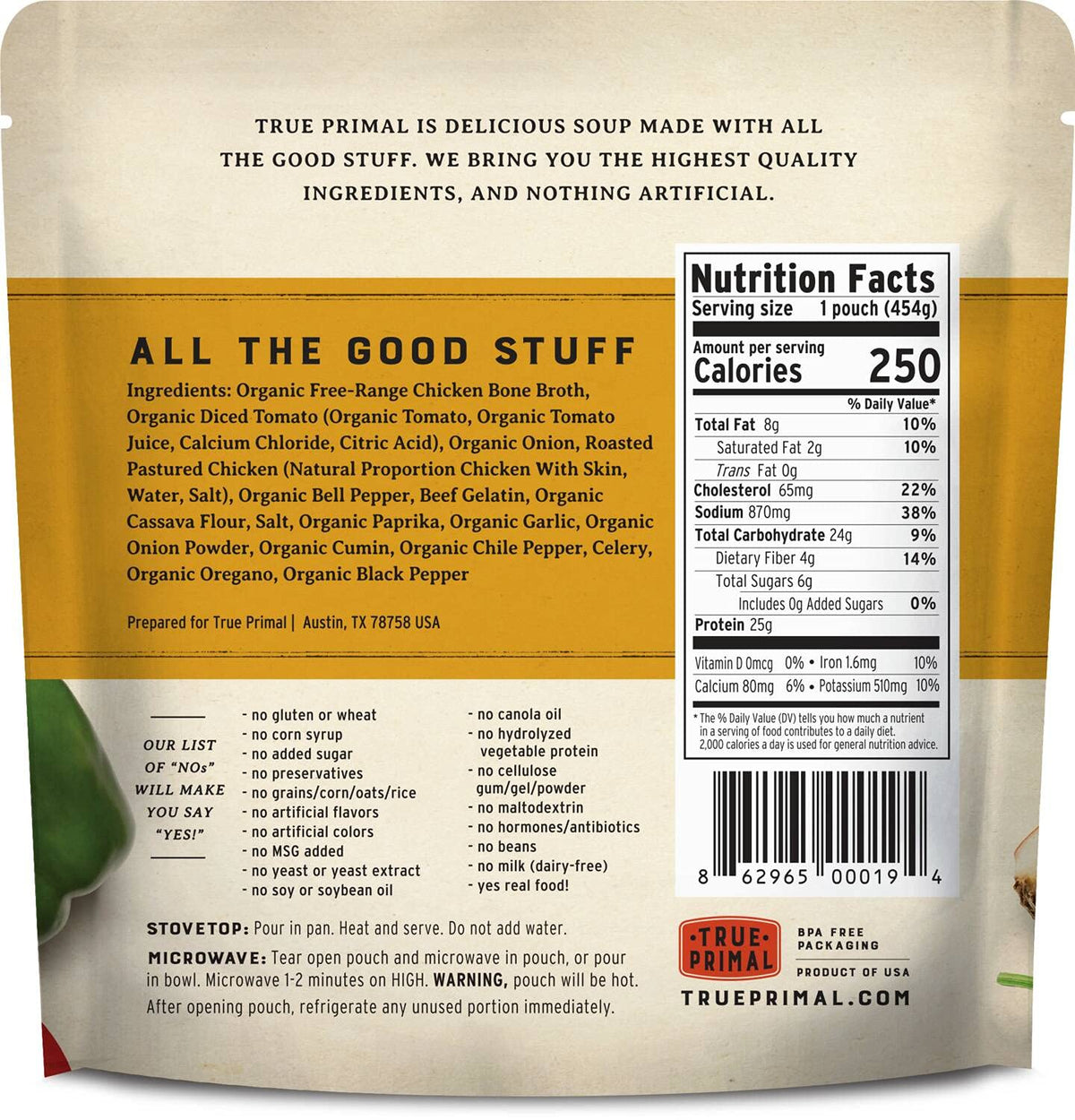 True Primal bone-broth base with extra gelatin for rich texture.