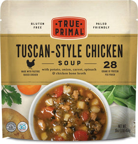 True Primal Tuscan-Style Chicken Soup pack front view, shelf-stable convenience for busy days.