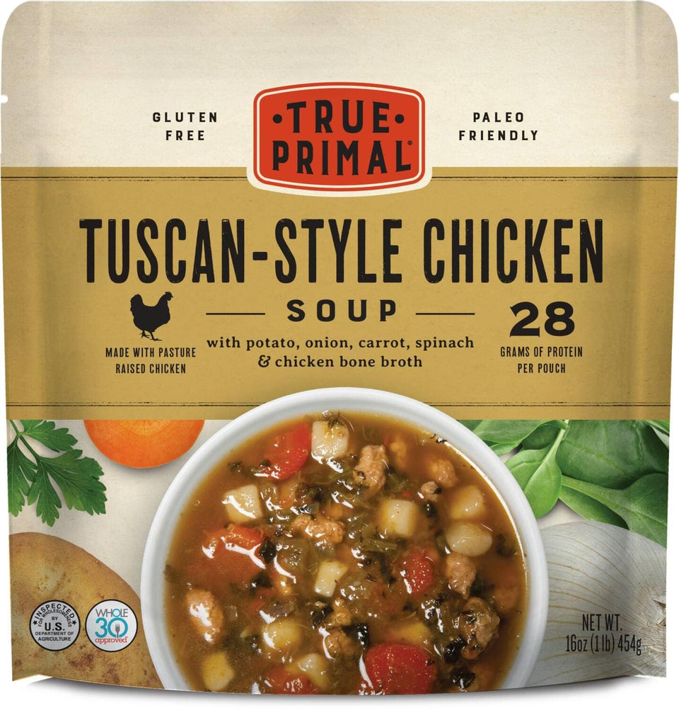 True Primal Tuscan-Style Chicken Soup pack front view, shelf-stable convenience for busy days.