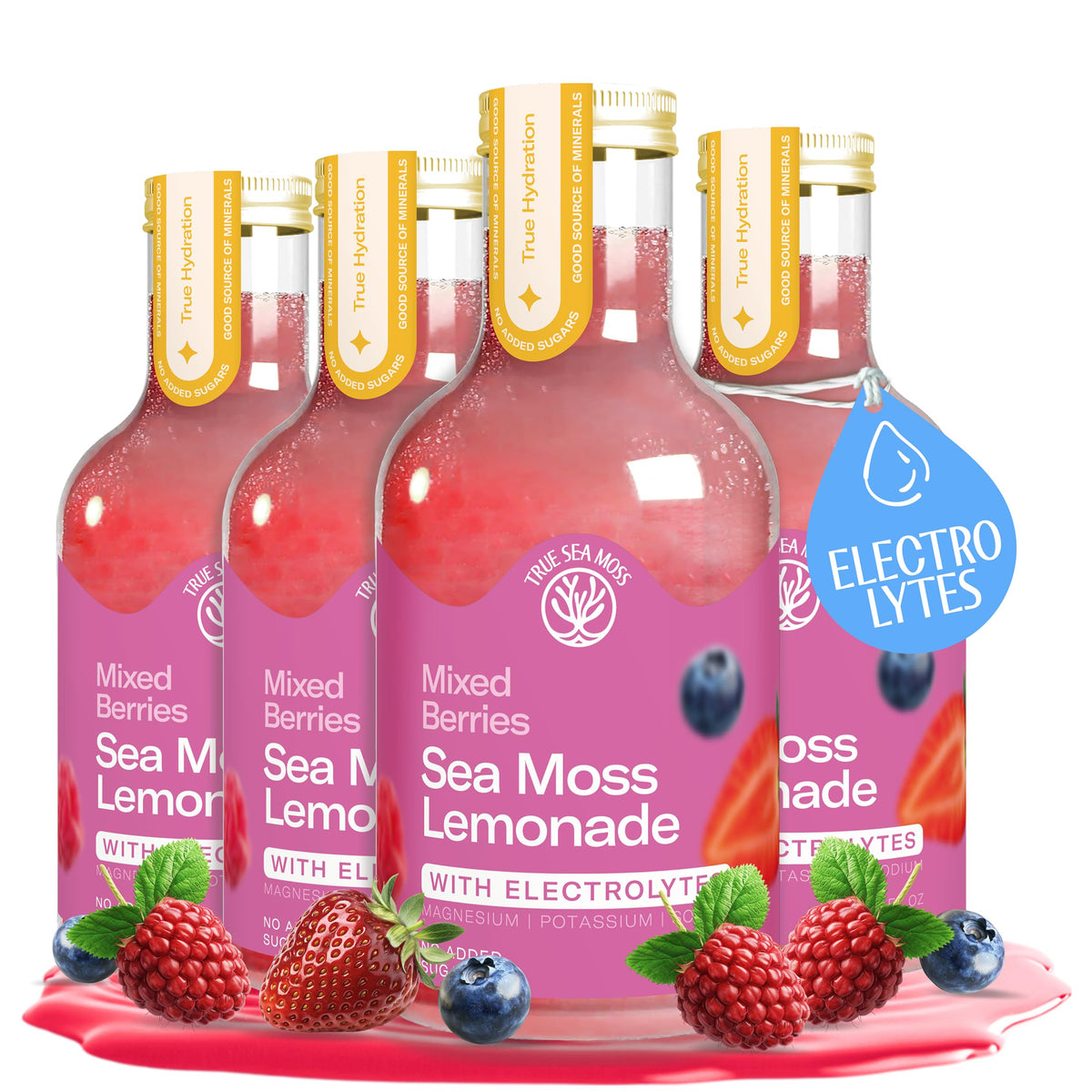 TrueSeaMoss mixed berry lemonade bottle front for on-the-go hydration.