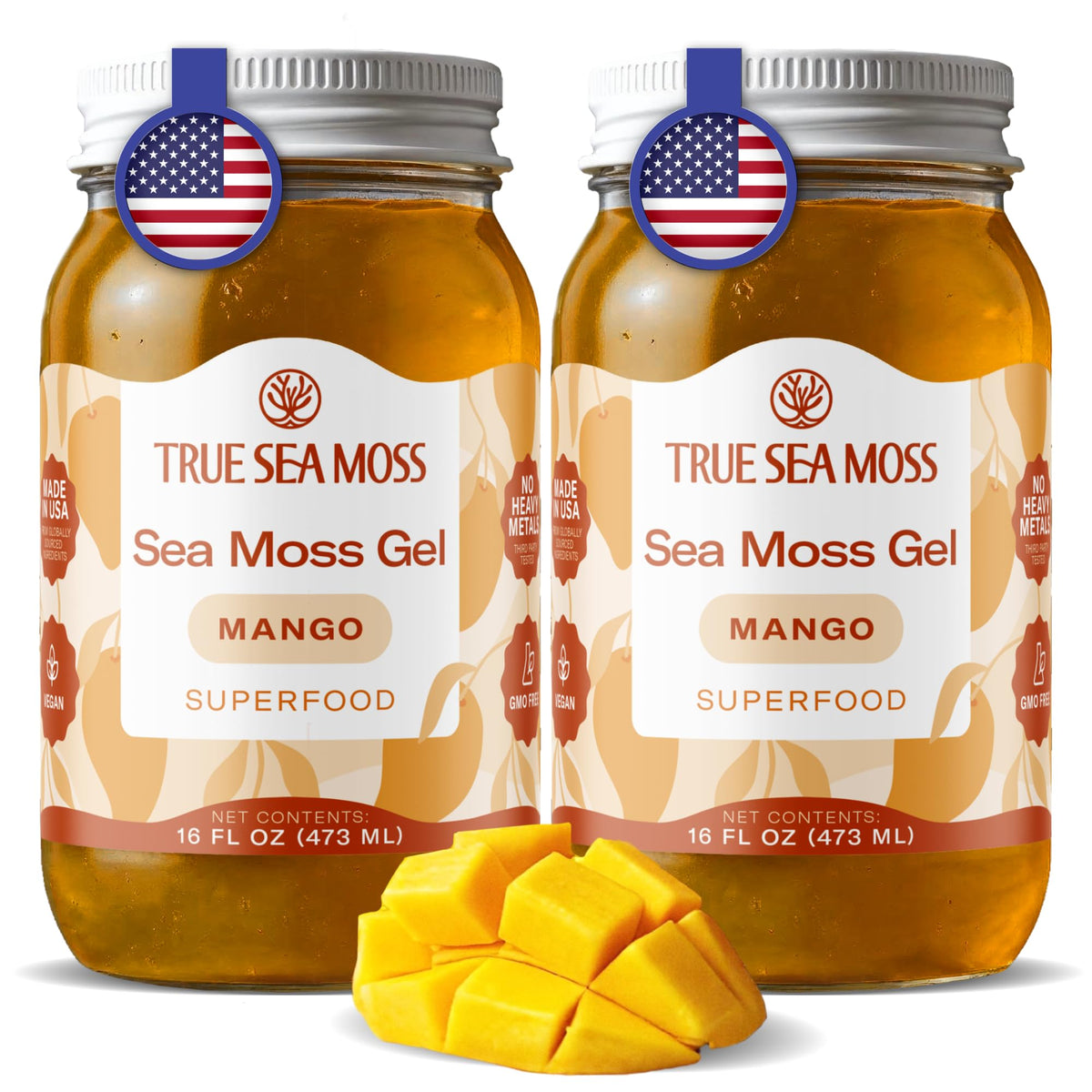 TrueSeaMoss gel mango jar photo highlighting smooth texture for easy smoothie mixing.
