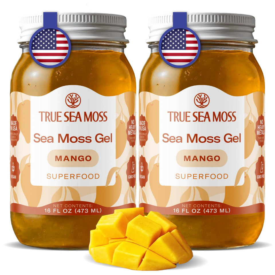 TrueSeaMoss gel mango jar photo highlighting smooth texture for easy smoothie mixing.