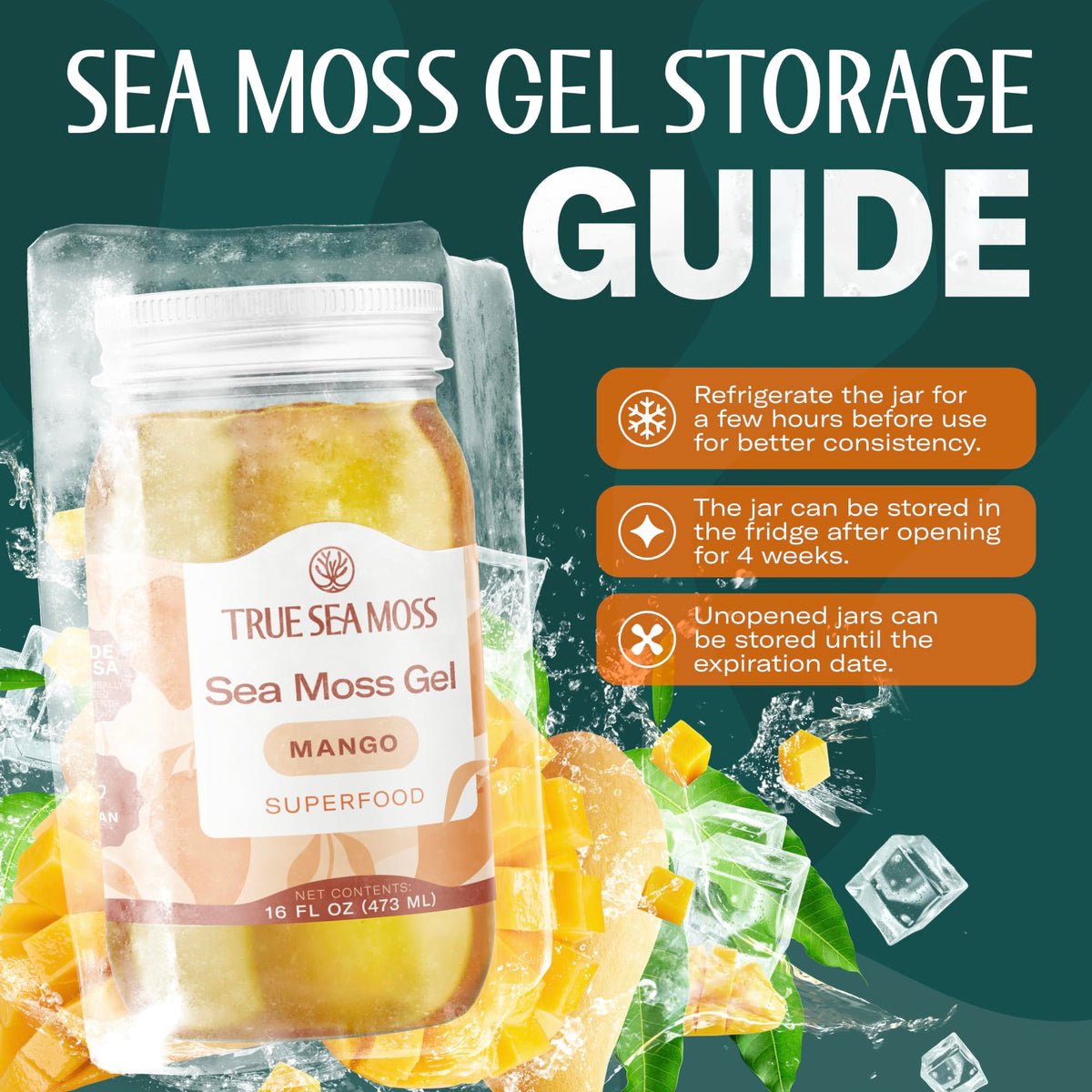 TrueSeaMoss mango puree detail suggests natural sweetness from mango.