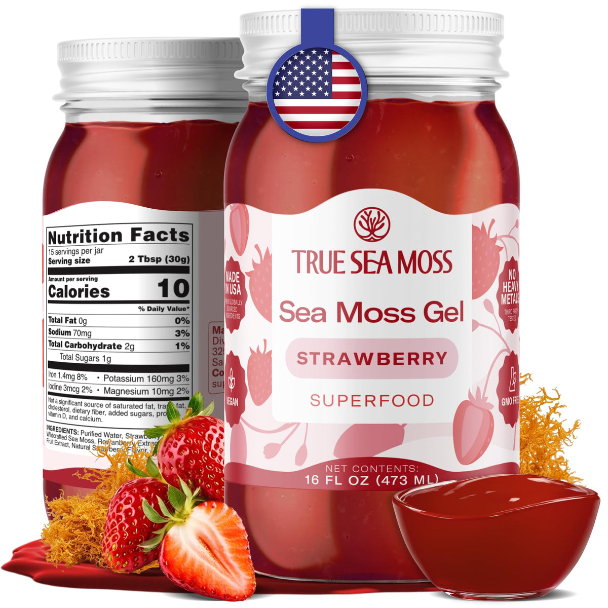 TrueSeaMoss strawberry gel jar ready to blend into shakes