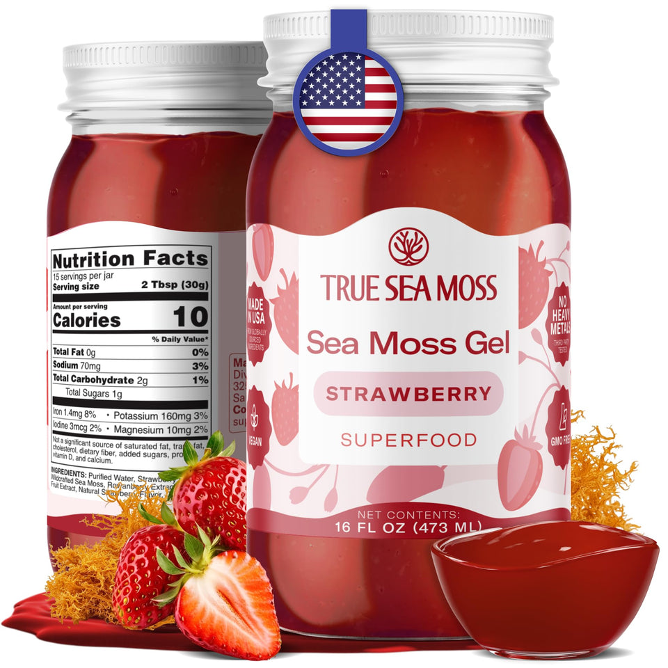 TrueSeaMoss strawberry gel jar ready to blend into shakes