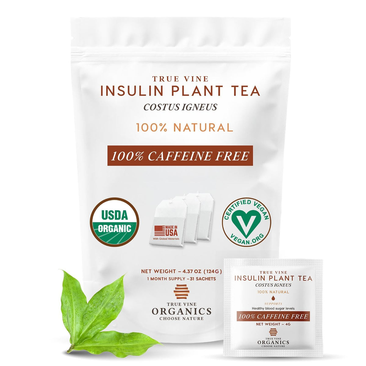 True Vine Insulin Plant Tea bags shown for a calming daily ritual