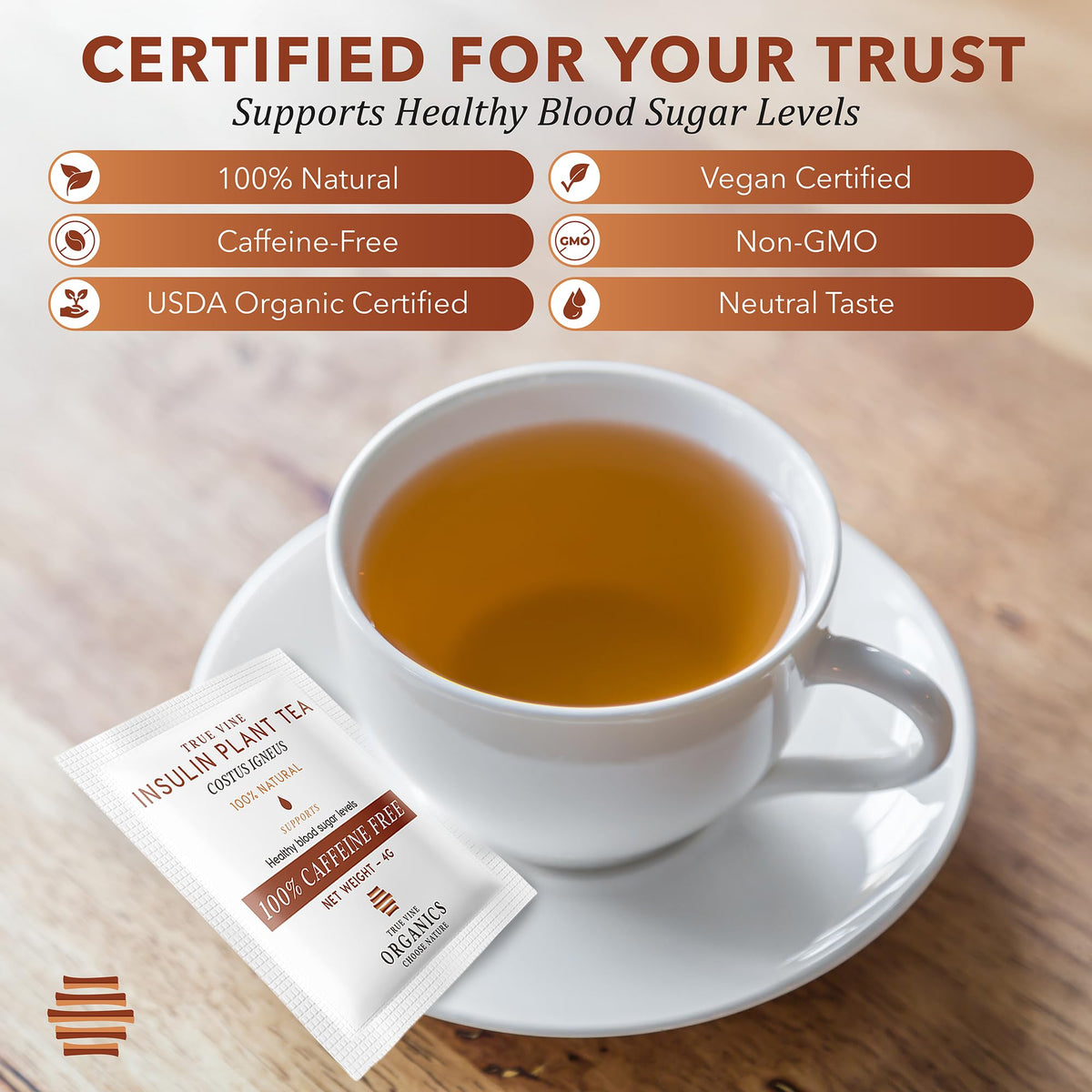 True Vine Insulin Plant Tea packaging box with USDA Organic label