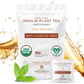 Packaging of True Vine Insulin Plant Tea displaying the USDA Organic certification