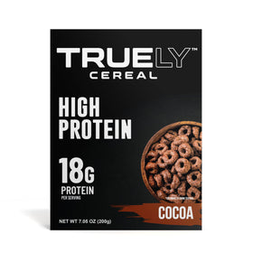 Truely Cereal Protein Chocolate Peanut Butter jar highlighting premium ingredients and convenience.