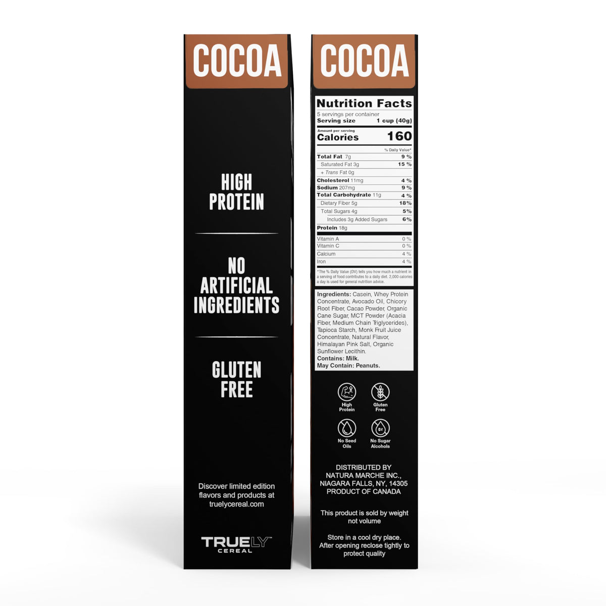 Truely Cereal Cocoa nutrition panel highlights 18 g protein per serving.