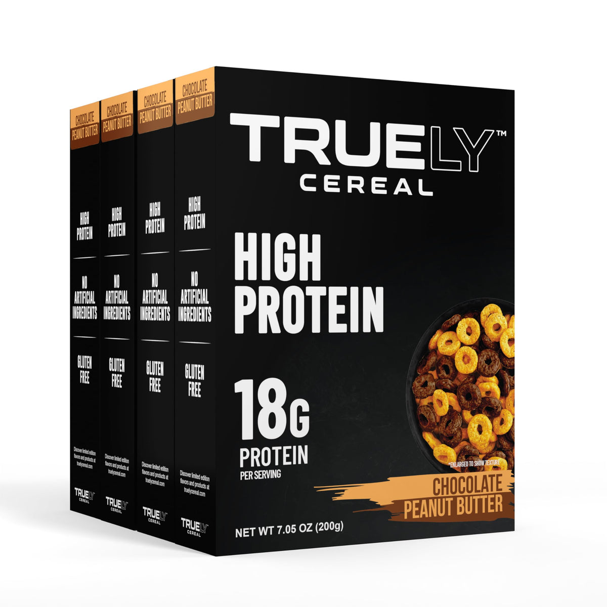 TRUELY Protein Cereal in a bowl with chocolate peanut butter flavor for a high-protein breakfast start.