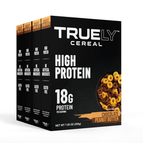 TRUELY Protein Cereal in a bowl with chocolate peanut butter flavor for a high-protein breakfast start.