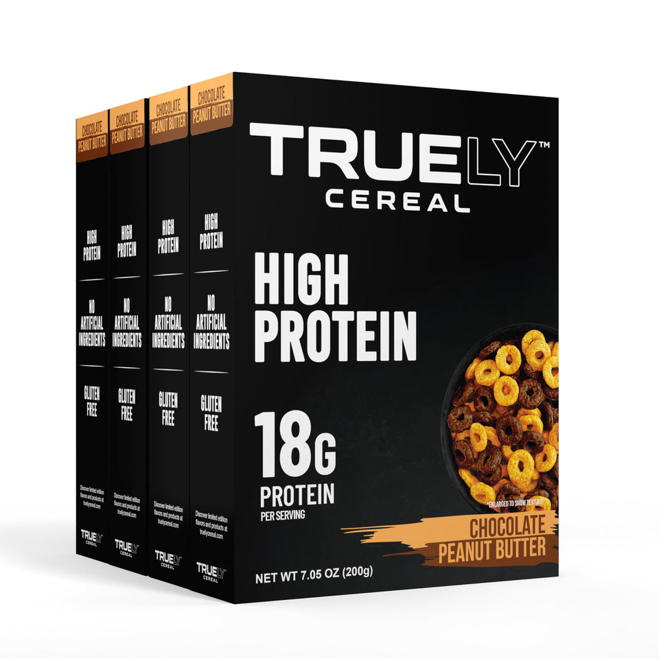 TRUELY Protein Cereal in a bowl with chocolate peanut butter flavor for a high-protein breakfast start.
