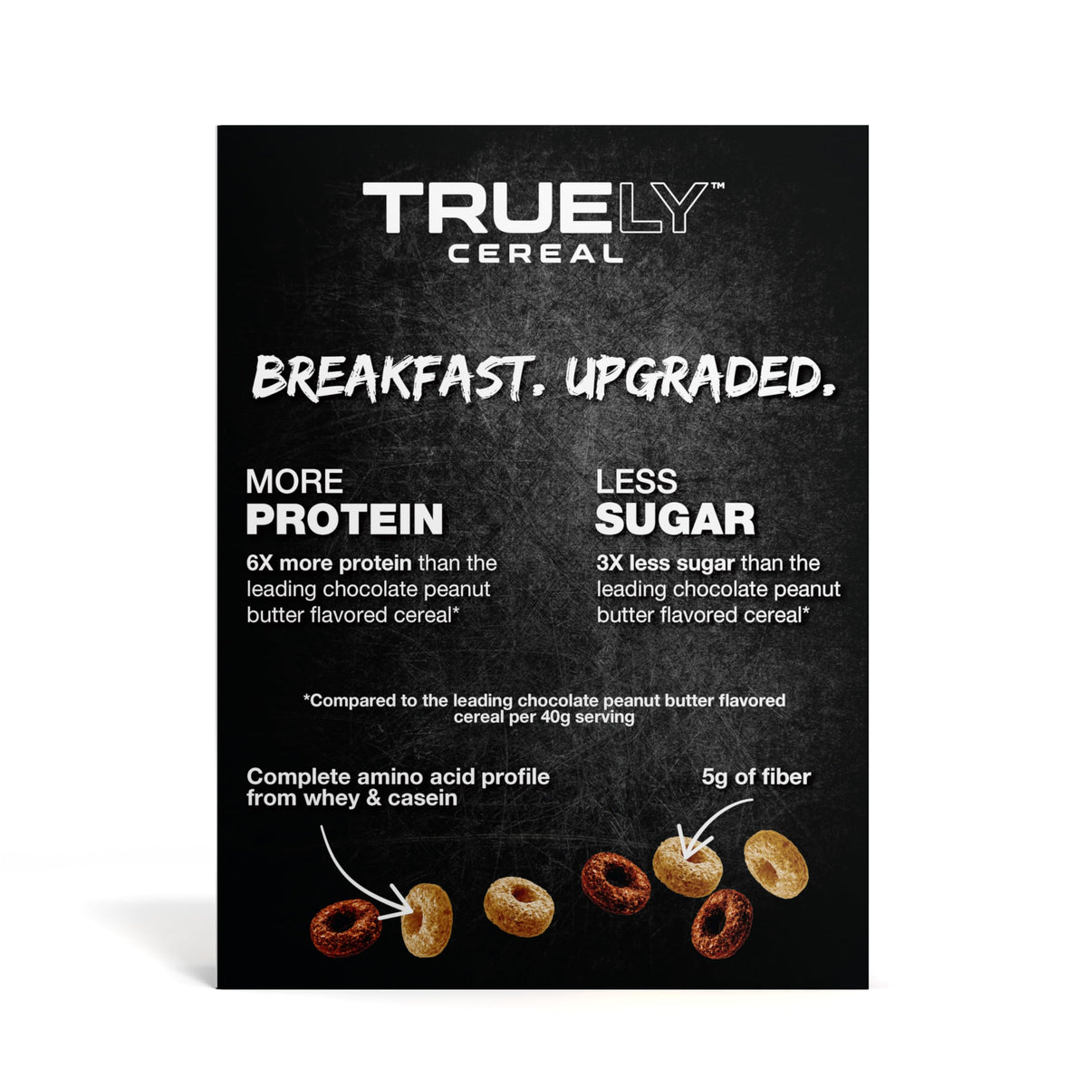 TRUELY Protein Cereal packaging showing 4 × 7.05 oz, convenient for busy mornings.