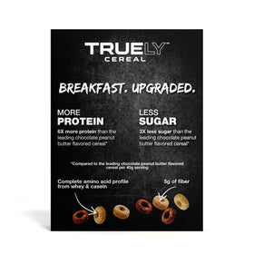 TRUELY Protein Cereal packaging showing 4 × 7.05 oz, convenient for busy mornings.