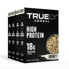 Truely Protein Cereal Honey bowl close-up highlighting crunchy texture and high protein.