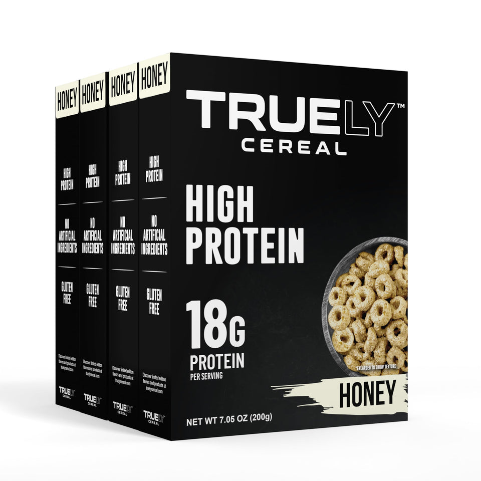 Truely Protein Cereal Honey bowl close-up highlighting crunchy texture and high protein.