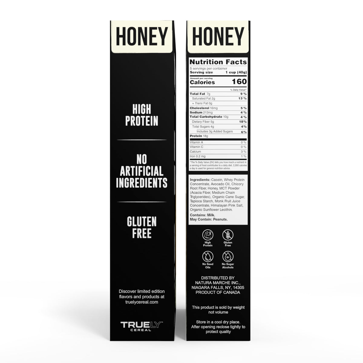 Truely Protein Cereal Honey packaging image showing gluten-free formula and quality ingredients.