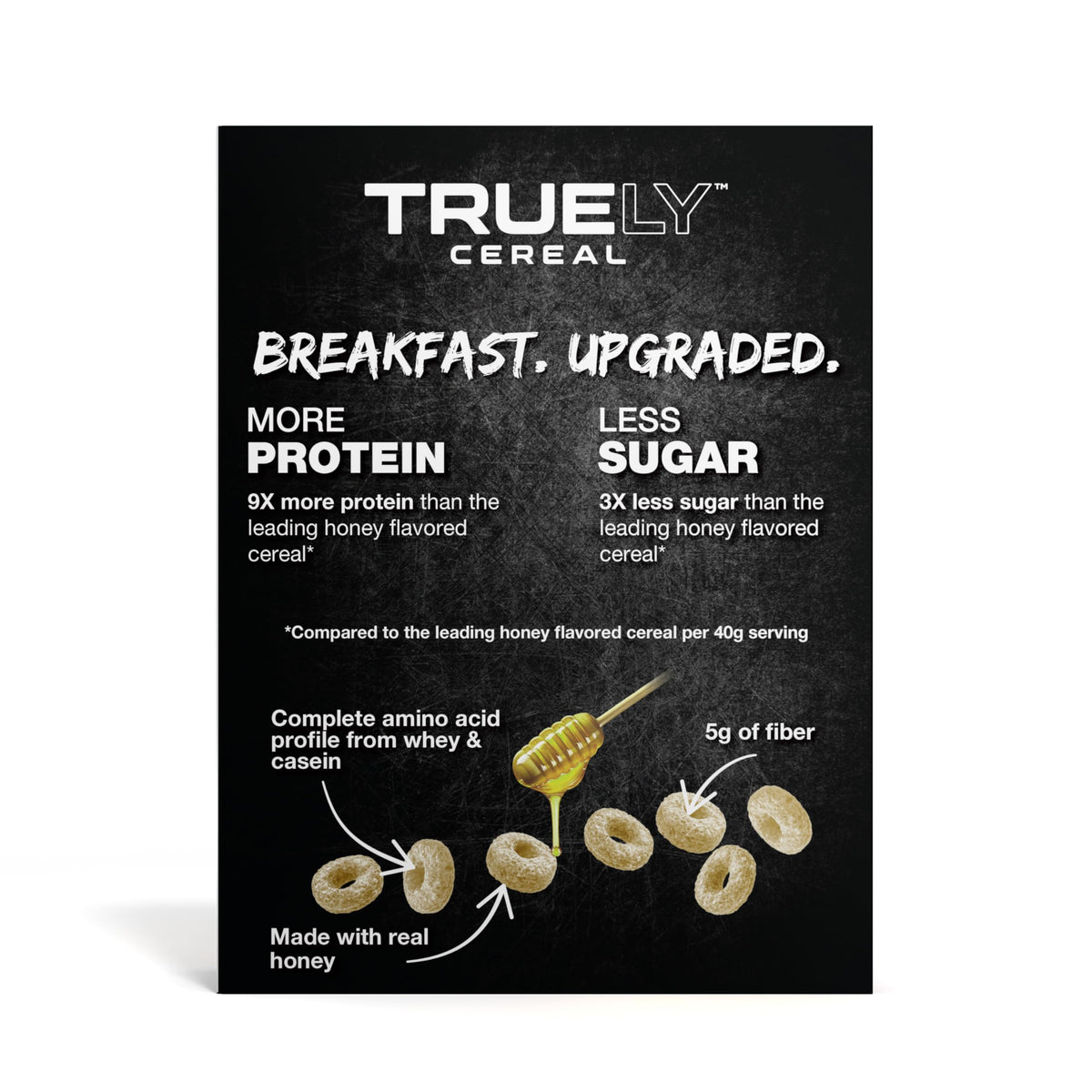 Truely Protein Cereal Honey serving image ready-to-eat breakfast with fiber and low sugar.