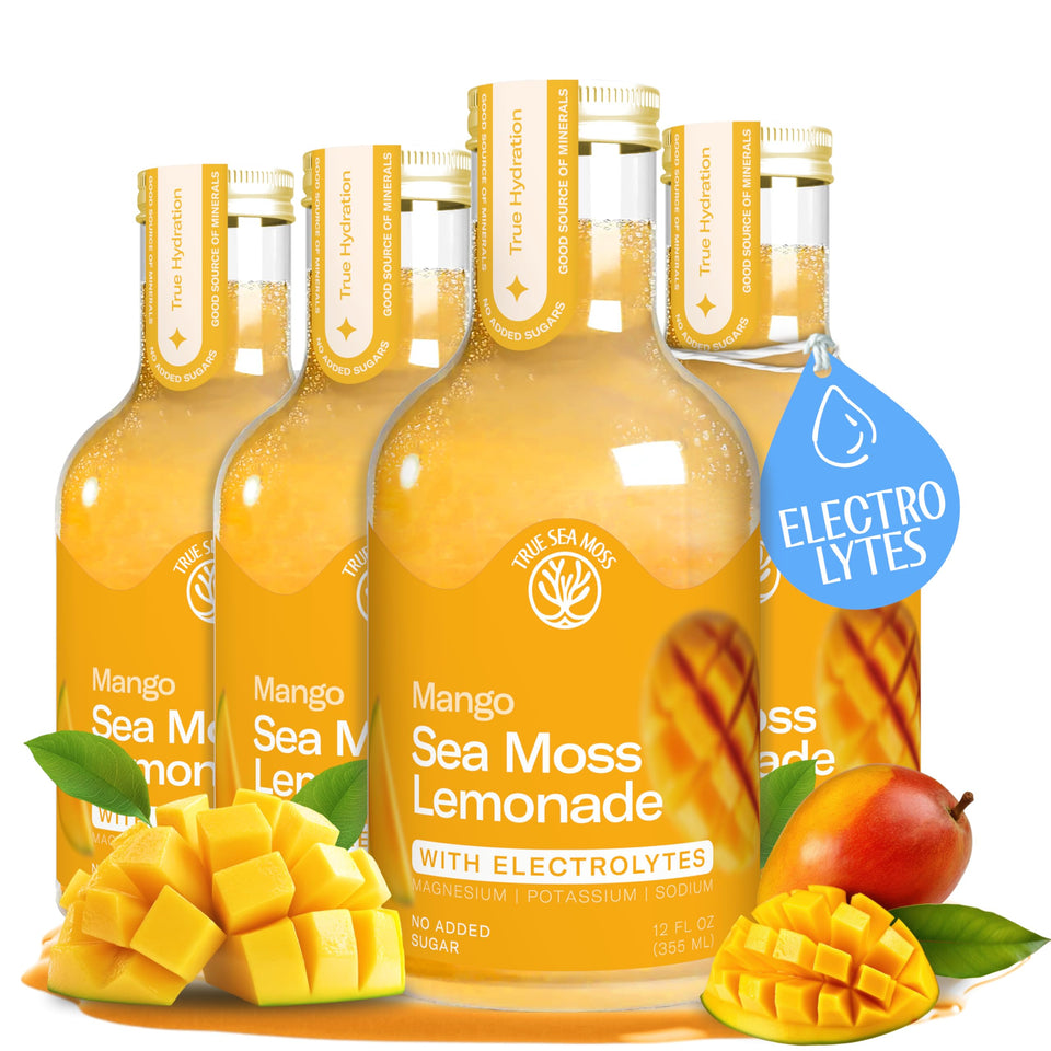 TrueSeaMoss mango lemonade bottle shows tropical flavor for refreshing hydration.