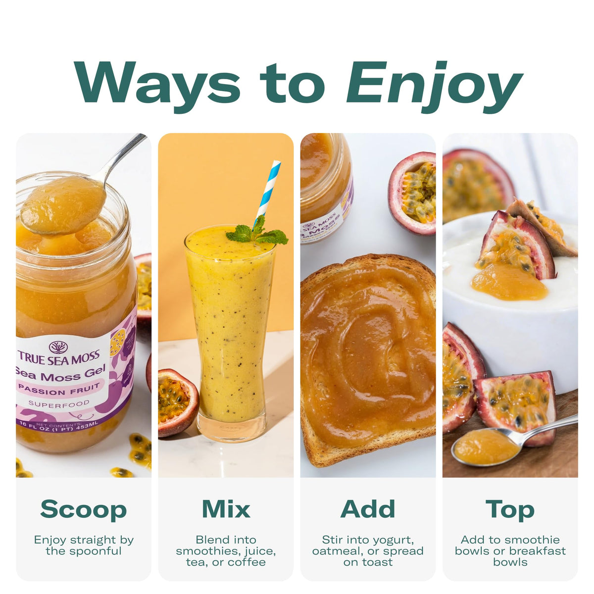 TrueSeaMoss 16oz glass jar showcases smooth gel texture ideal for smoothies.