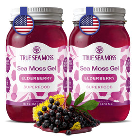 TrueSeaMoss bottle with elderberry gel for easy daily smoothie boosts.