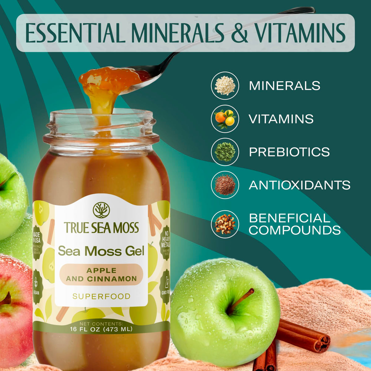 Glass jar of TrueSeaMoss gel displayed, showcasing premium packaging.