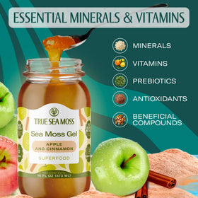 Glass jar of TrueSeaMoss gel displayed, showcasing premium packaging.