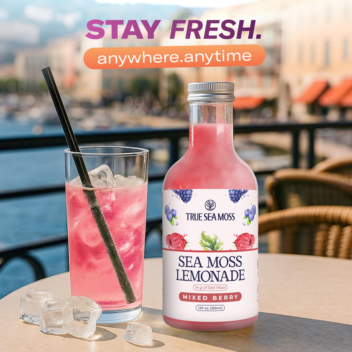 Close-up of TrueSeaMoss bottle in hand for on-the-go refreshment.