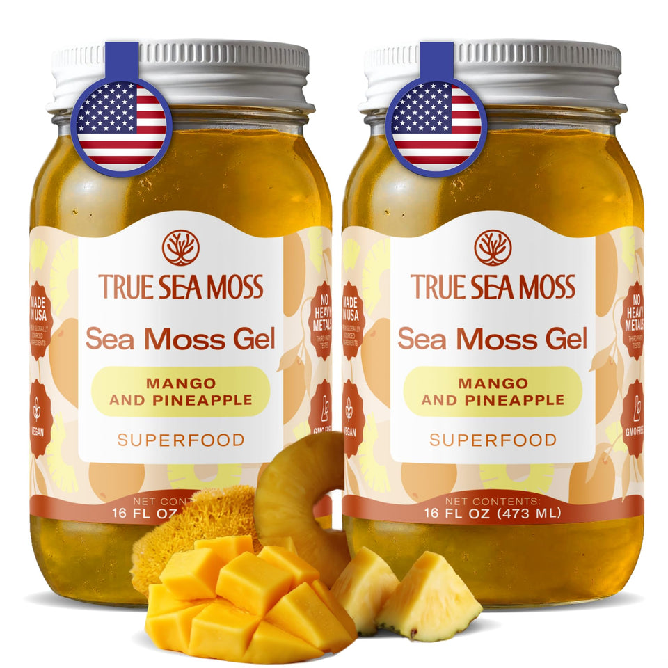 TrueSeaMoss mango-pineapple gel jar front for daily vegan nourishment.