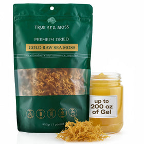 TrueSeaMoss raw gold Irish sea moss bag shows premium harvest for gel-ready texture.